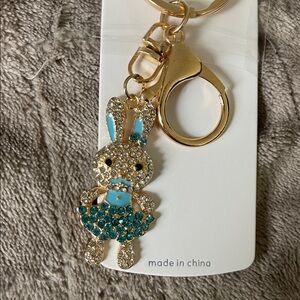 Gold and Blue Bunny Keychain bag purse charm rhinestone gold tone nwt